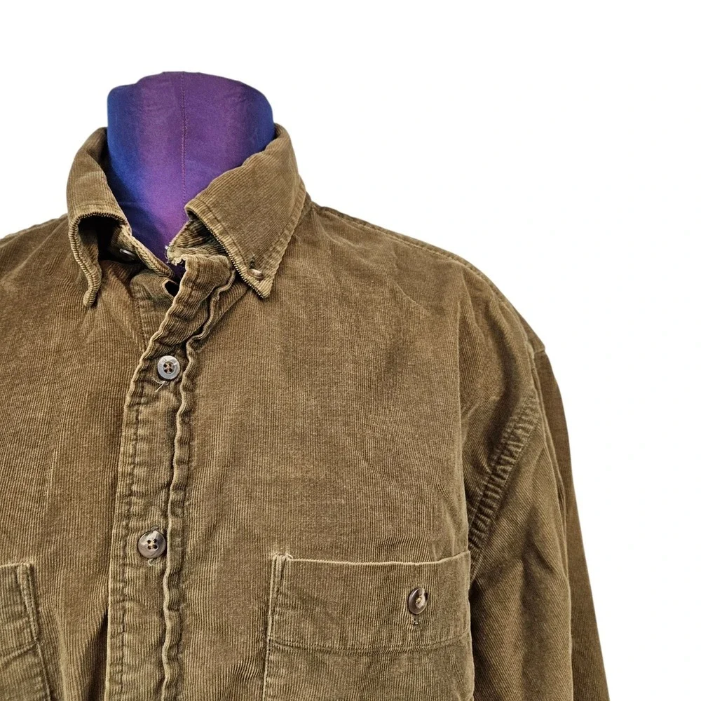 Lands End Mens Corduroy Button Down Shirt Brown Long Sleeve Casual Size Medium